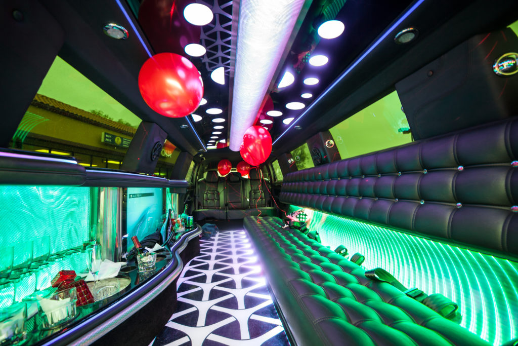 "Rockstar Limo 209: Luxury stretch limousine interior decorated for a Ceres CA rental celebration."
